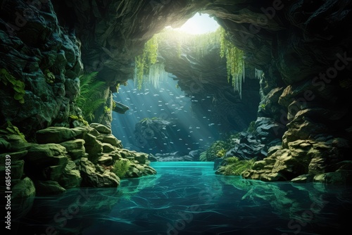 Enchanting Subterranean Water Cave with Sunlight Filtering through Lush Vegetation, Illuminating the Crystal Clear Waters and Floating Bioluminescent Particles