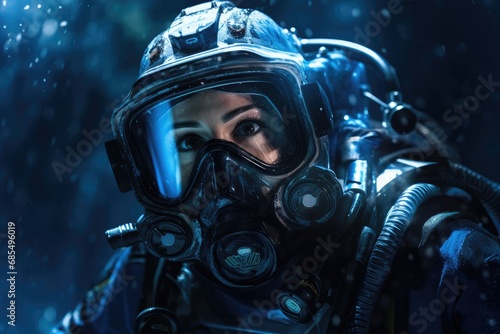 Deep Blue Scuba Diving, Female Diver in High-Tech Gear Exploring the Depths of The Ocean
