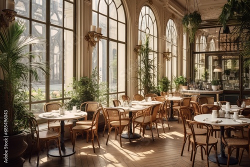 Cozy posh luxurious interior design of a cafe or a bar with wooden classic parquet floor, tall ceiling, french windows, parisian look, off-white textiles, many green plants photo