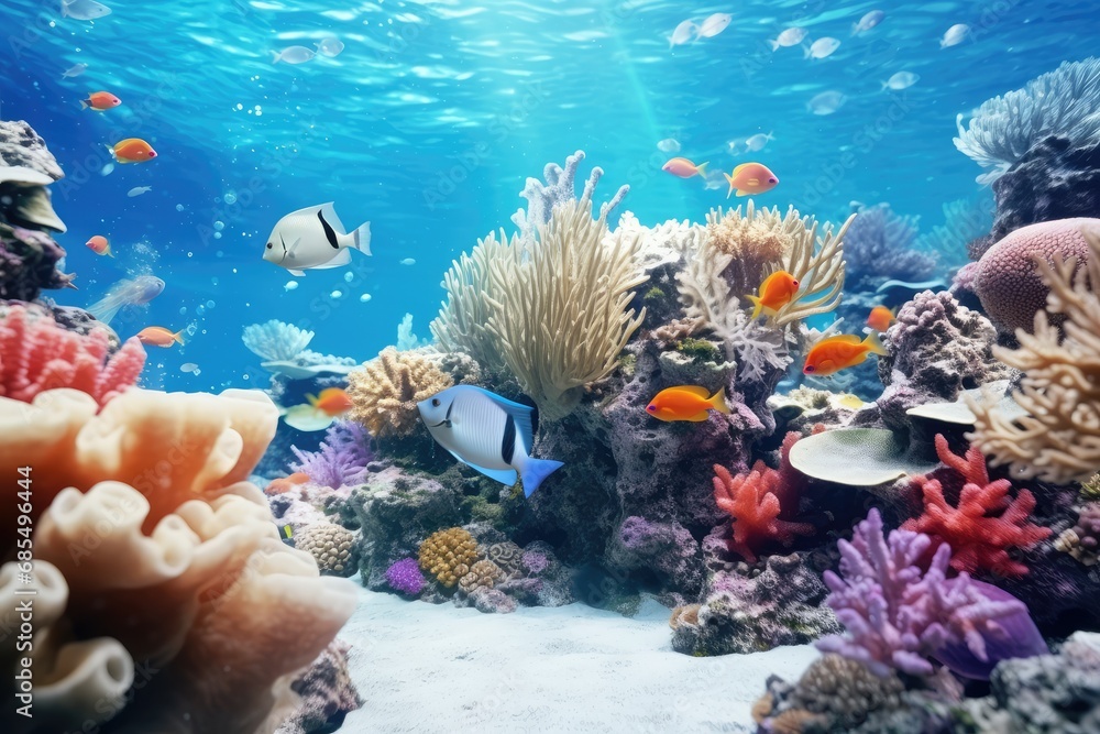 Obraz premium Underwater Landscape Vibrant Coral Reef Teeming with Marine Life and Sun Rays