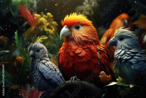 The Interconnectedness of Different Species in A Trio of Parrots with Vivid Plumage in A Mystical Forest Setting