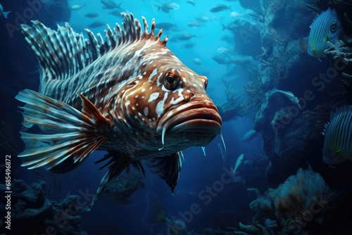Endangered Lionfish Swimming in The Blue Depths of A Coral Reef Ecosystem photo