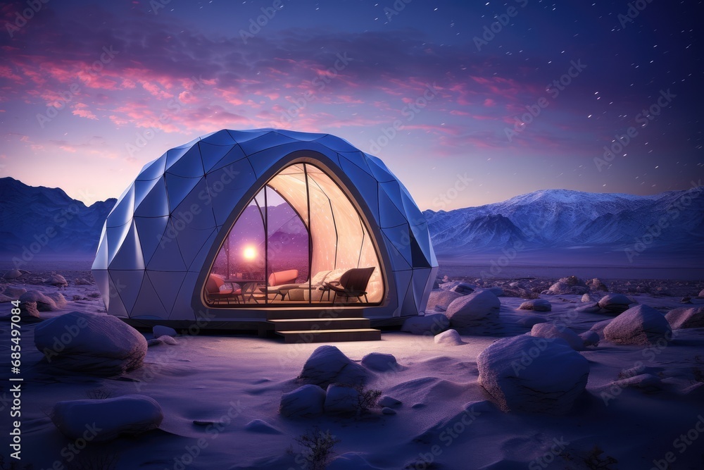 Aurora Borealis Camping Igloo Home, Luxurious Dome Shelter in Arctic Wilderness, Glamping Under Pink Skies - obrazy, fototapety, plakaty 