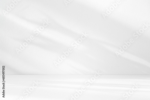 Wall interior background, studio and backdrops show products.with shadow from window color white and grey. background for text insertion and presentation product photo