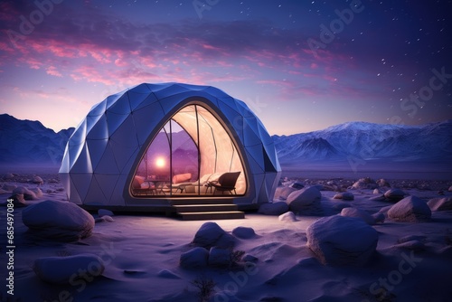 Aurora Borealis Camping Igloo Home, Luxurious Dome Shelter in Arctic Wilderness, Glamping Under Pink Skies