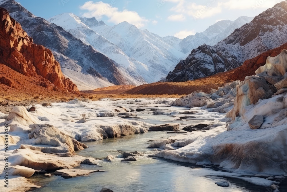 Frozen River Valley: Icy Stream Winding Through a Colorful Canyon at Sunrise