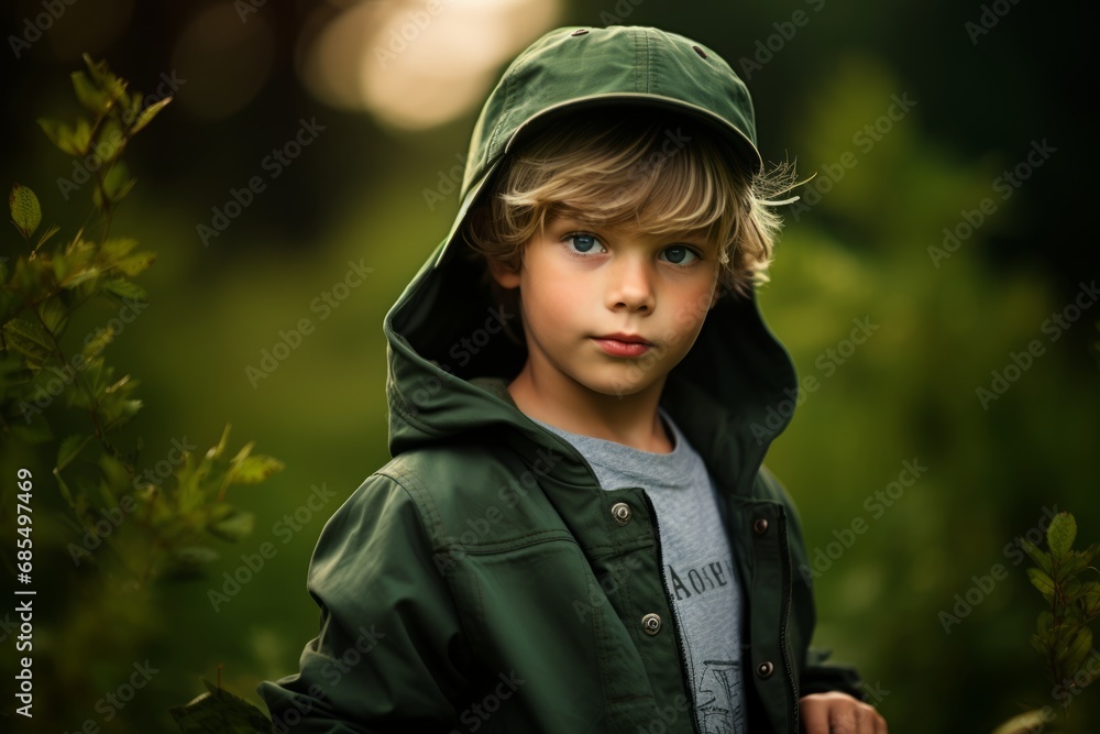 Portrait of a little boy in a green raincoat and cap. Portrait of a little boy in a green raincoat and cap.