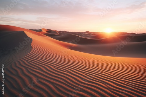 Sunset Oasis: The Sun's Last Rays Casting Vibrant Colors Over Rippled Sand Dunes in the Desert at Golden Hour