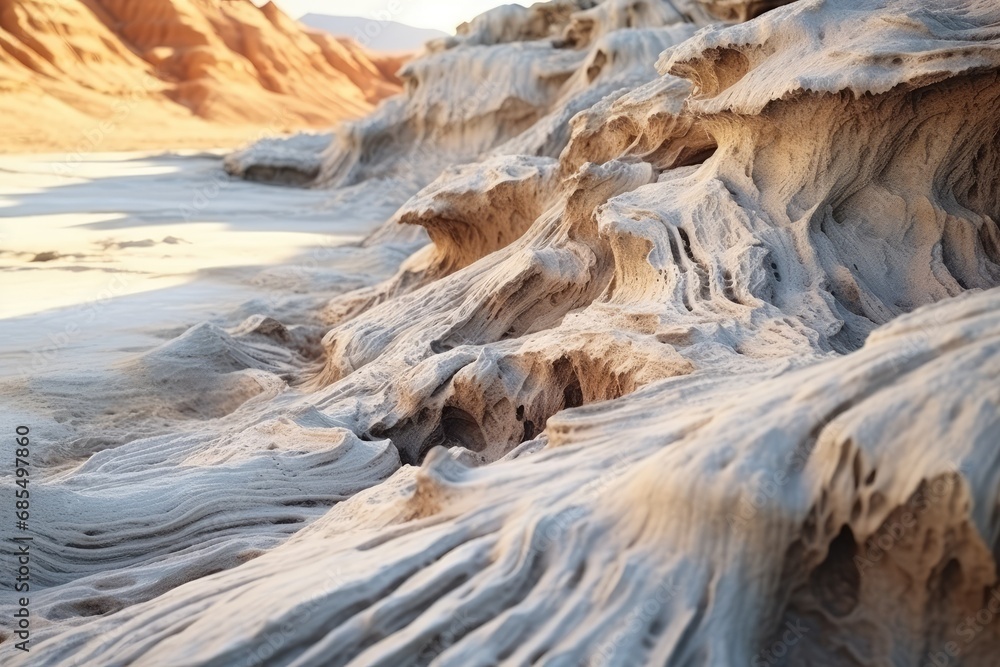 Intricate Sandstone Textures and Layers in a Desert Canyon Under Blue Skies