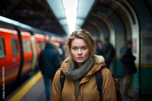 Young woman waiting for a train at the underground station. Shallow depth of field.