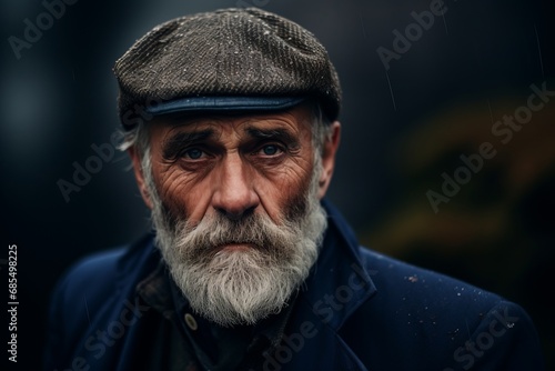 Portrait of an old man with a gray beard and a cap.