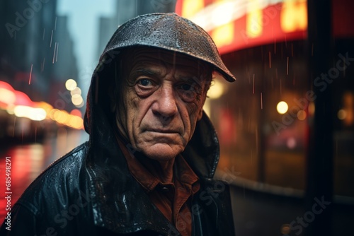 Portrait of an elderly man with a cap in the rain. © Nerea