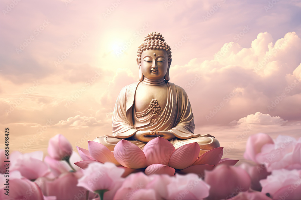 Glowing golden buddha meditating on a lotus, heaven cloud background
