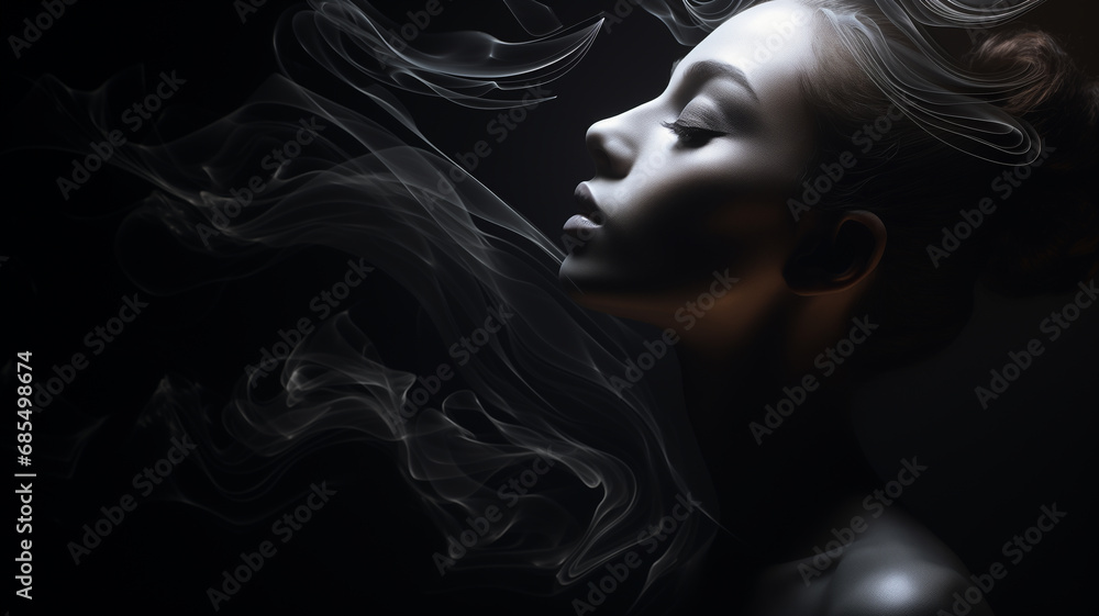 Fototapeta premium weibliches Beauty Model in sinnlicher Pose mit Nebel/ Rauch und Lichteffekten. Low Key Portrait bei dramatischem Licht. Querformat 16:9 Format. Generative Ai.