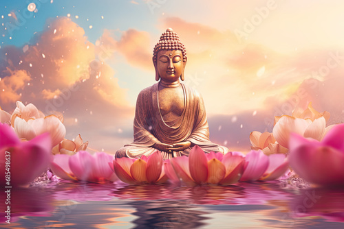 Glowing golden buddha meditating on a lotus  heaven cloud background