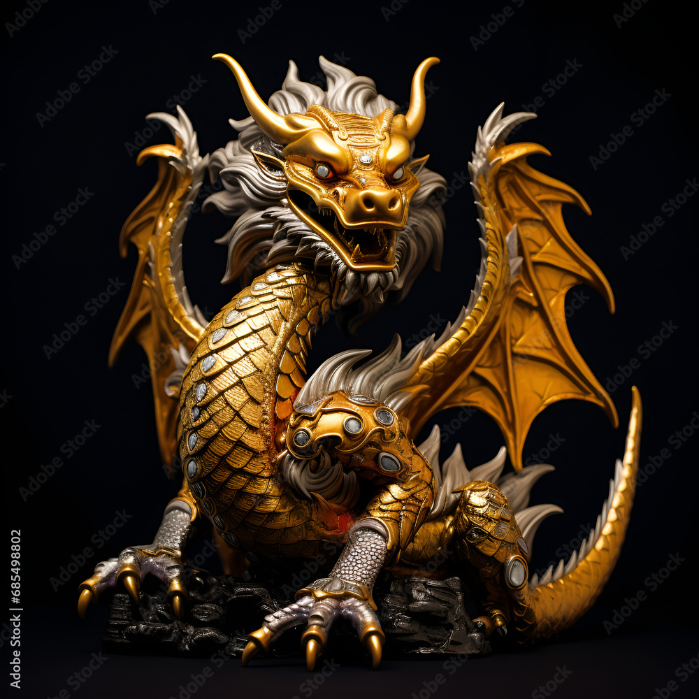 Fototapeta premium Golden dragon statue on black background. Chinese dragon statue on black background. AI.