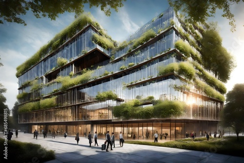 A smart building with energy-efficient systems and green infrastructure.