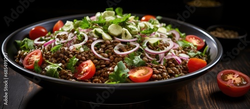 Protein-rich salad with sprouted lentils, mixed with onions, tomatoes, green chilies, and coriander.