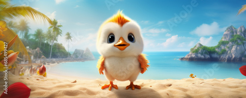 Cute litlle chicken on vacation, travel concept.