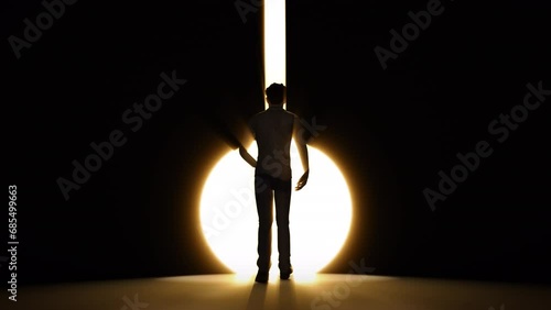 3D rendering concrete wall in a dark room with a keyhole light door. Creative surreal door concept. Light glow key as a doorway or exit from the dark to the light side. Conceptual Business Video. photo