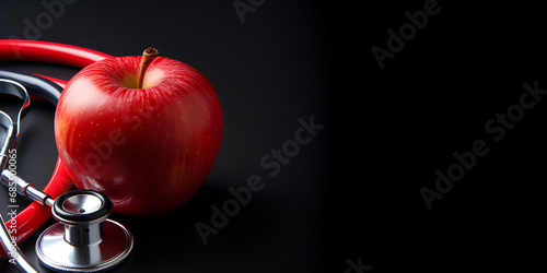 stethoscope and apple on black background photo