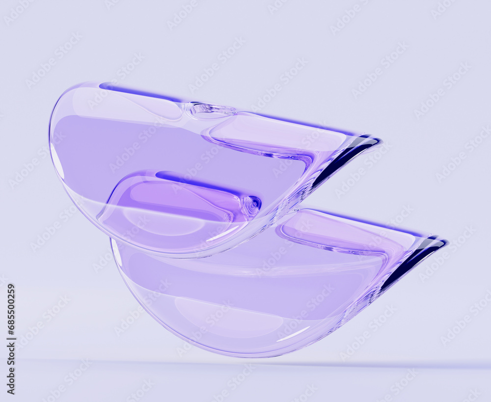 Abstract glass geometric figures, glitter crystal curve discs 3d render. Iridescent transparent liquid forms with hologram gradient texture, digital art objects on purple background. 3D illustration Abstract glass geometric figures, glitter crystal curve discs 3d render. Iridescent transparent liquid forms with hologram gradient texture, digital art objects on purple background. 3D illustration