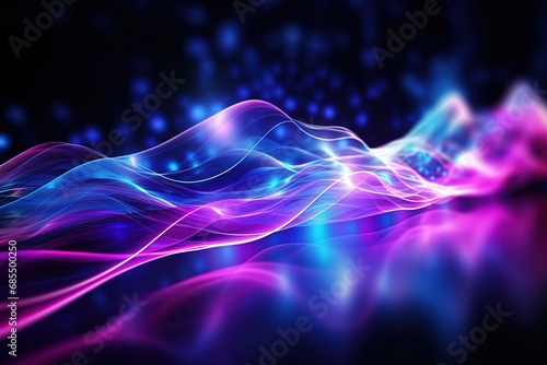 illustration of abstract background of futuristic corridor with purple and blue neon lights wave speed light