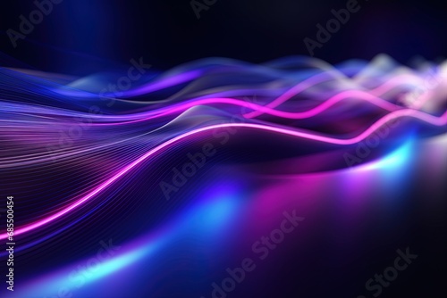 illustration of abstract background of futuristic corridor with purple and blue neon lights wave speed light