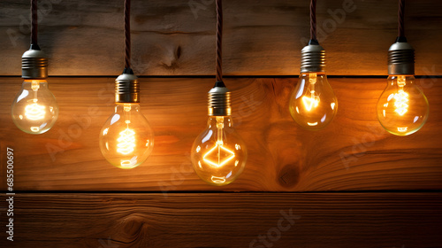 Light bulbs on wood. Generative AI.