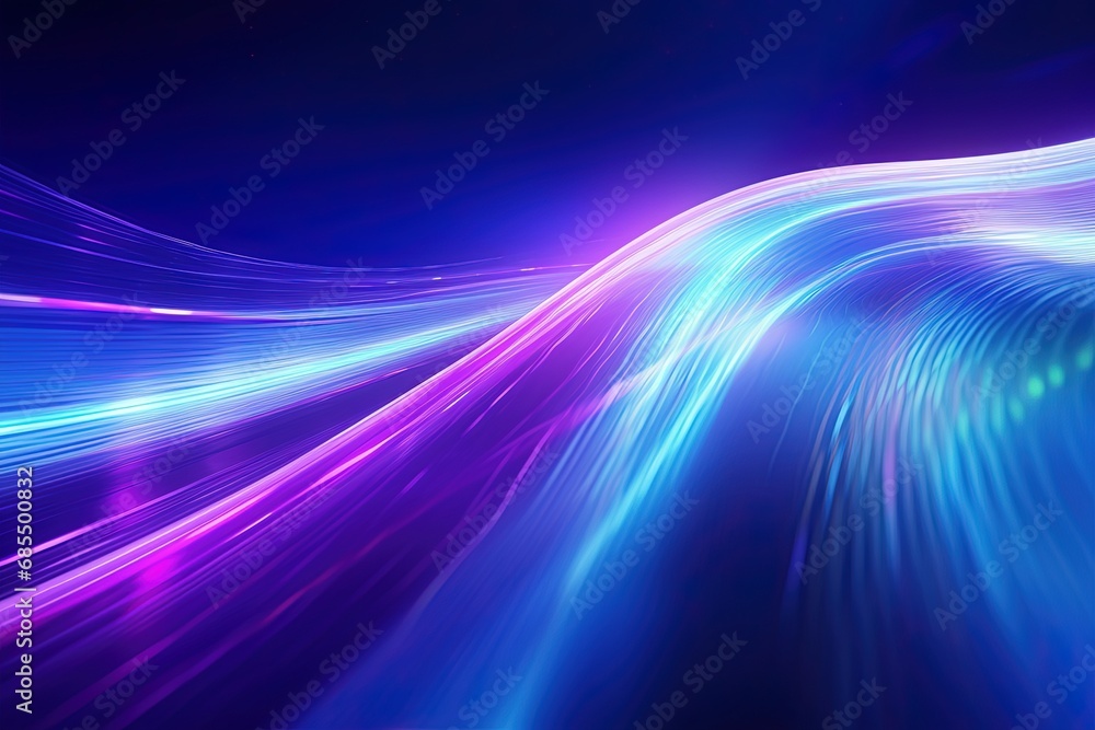 illustration of abstract background of futuristic corridor with purple and blue neon lights wave speed light