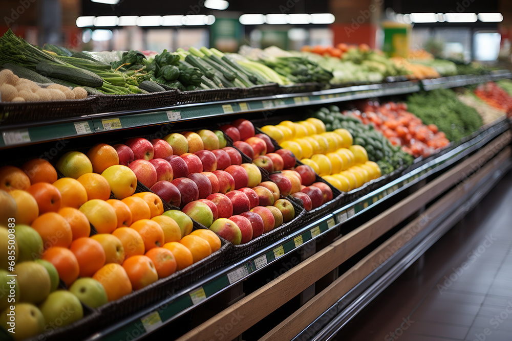 Various type of fresh fruits and vegetables arrange neatly grocery store. Apple, Orange, Pomegranate, Lemon on rack.