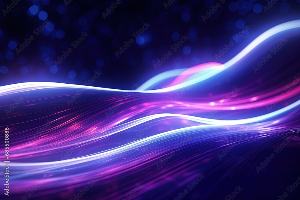 illustration of abstract background of futuristic corridor with purple and blue neon lights wave speed light