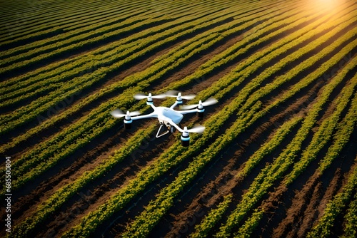 A precision agriculture drone capturing data for optimizing crop yield and resource usage.