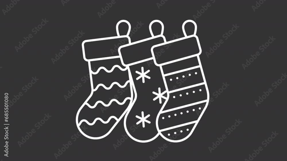 Animated xmas stockings white icon. Christmas decorative socks line animation. Winter holiday tradition. Isolated illustration on dark background. Transition alpha video. Motion graphic