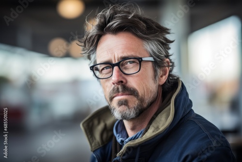 Handsome middle age man wearing a jacket and glasses over blur background