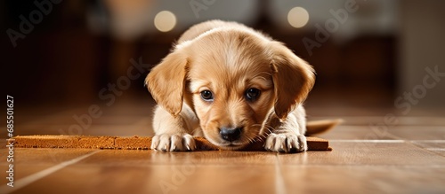 Puppy practices heel position using food.