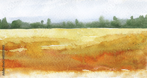 Watercolor abstract landscape with autumn trees and yellow grass field, minimalist style hand drawn illustration