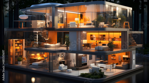 Futuristic Smart Family Home in White with Digital Technologies  Holographic Screens  and Warm Orange and White Lighting