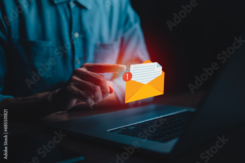 New email notification for business e-mail communication and digital marketing campaign. email inbox receiving electronic message alert. businessman touching email, internet technology concept.