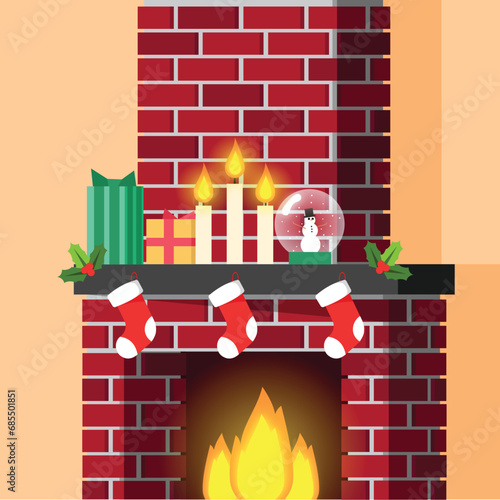 Warm Fireplace with Christmas Decoration