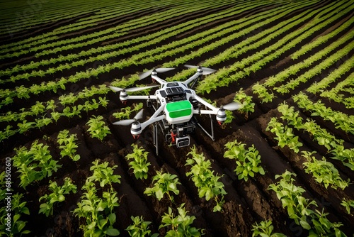 A smart farming drone monitoring soil conditions for optimal crop cultivation.