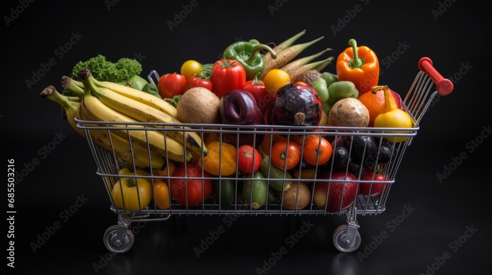 A grocery cart filled with fresh fruits and vegetables. Concept of proper nutrition, healthy eating, and a balanced vegetarian or vegan diet.
