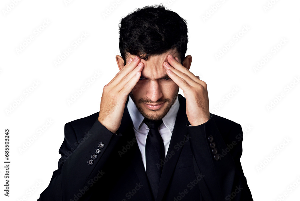 Headache, problem and business man stress over company mistake, corporate disaster or work crisis risk, fail or burnout. Migraine, head pain and tired expert isolated on transparent, png background Headache, problem and business man stress over company mistake, corporate disaster or work crisis risk, fail or burnout. Migraine, head pain and tired expert isolated on transparent, png background