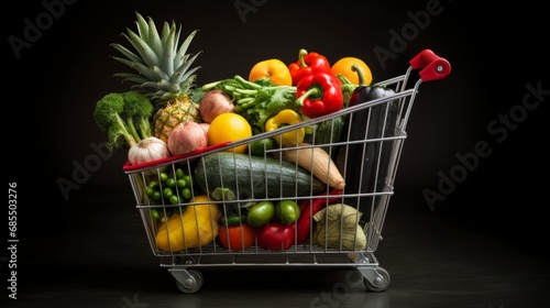 A grocery cart filled with fresh fruits and vegetables. Concept of proper nutrition, healthy eating, and a balanced vegetarian or vegan diet.