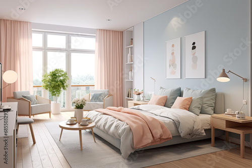Scandinavian style small studio apartment with stylish design in light pastel colors with big window