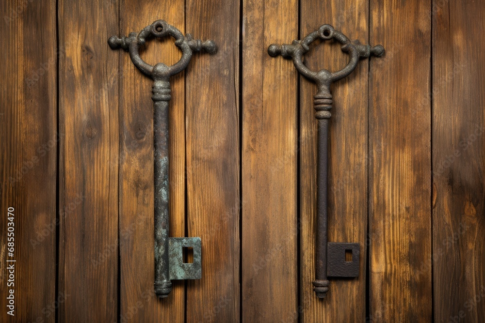Antique and rusty keys on weathered wooden planks Antique and rusty keys on weathered wooden planks
