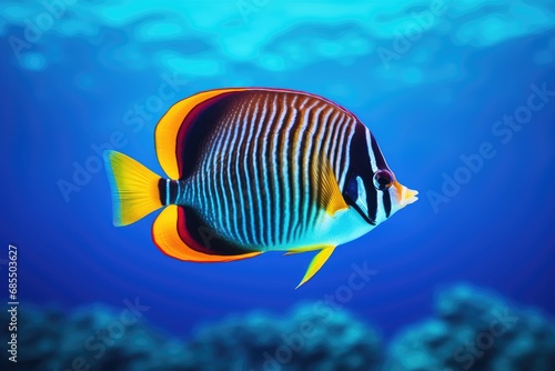 Exotic tropical coral reef redtail butterflyfish on natural blue background