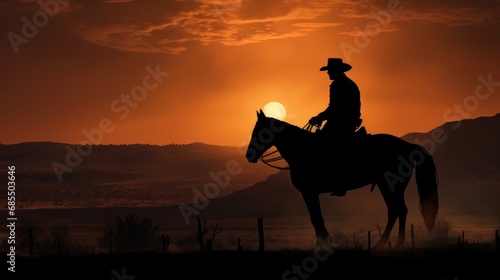 Silhouette of a cowboy with a hat on a horse at sunset