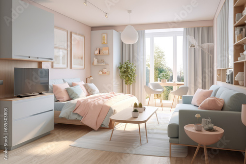 Scandinavian style small studio apartment with stylish design in light pastel colors with big window © Kien