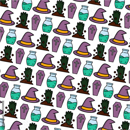 A pattern with witches and witches hats suitable for Halloween-themed designs such as invitations, wrapping paper, and digital backgrounds for social media posts and websites.